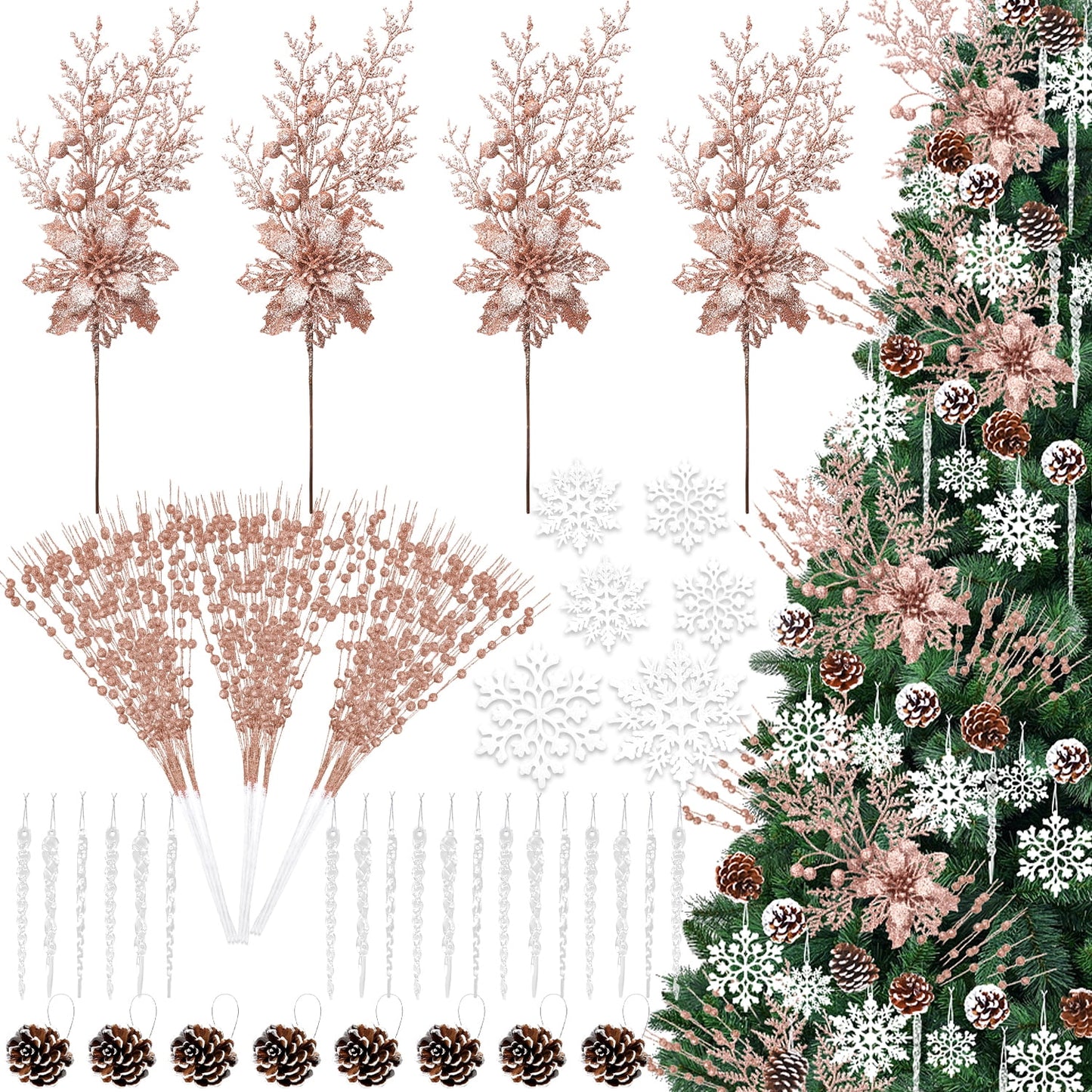 Ayieyill 84Pcs Christmas Tree Decorations Flowers, Artificial Glitter Berry Stems Christmas Pine Cones, Snowflake Icicle Drop Crystal Ornaments