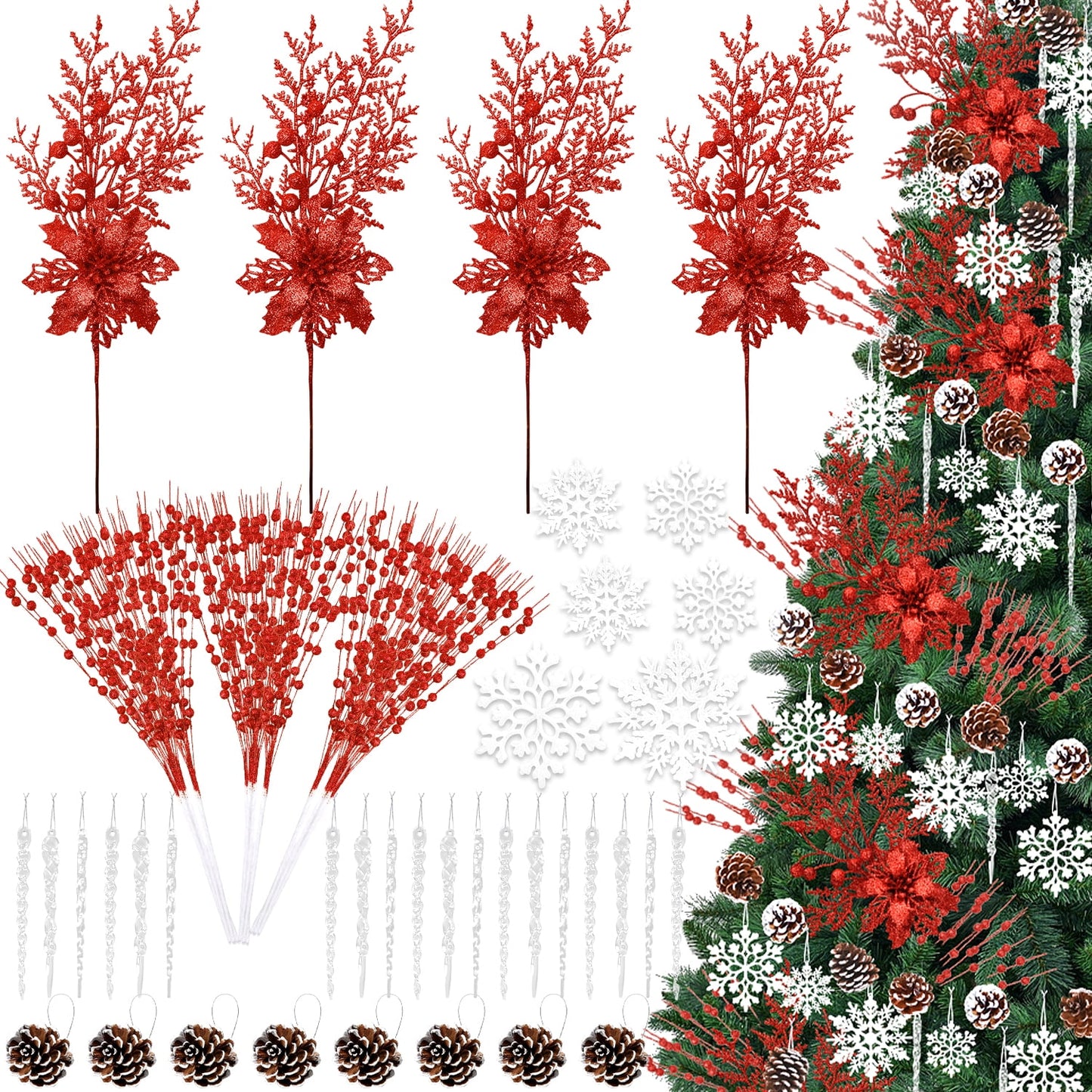 Ayieyill 84Pcs Christmas Tree Decorations Flowers, Artificial Glitter Berry Stems Christmas Pine Cones, Snowflake Icicle Drop Crystal Ornaments