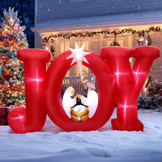 Ayieyill 8FT Inflatables Christmas Outdoor Decoration, Joy Christmas Nativity Decoration with LED, Christmas Blow up Yard Decorations- Red/White