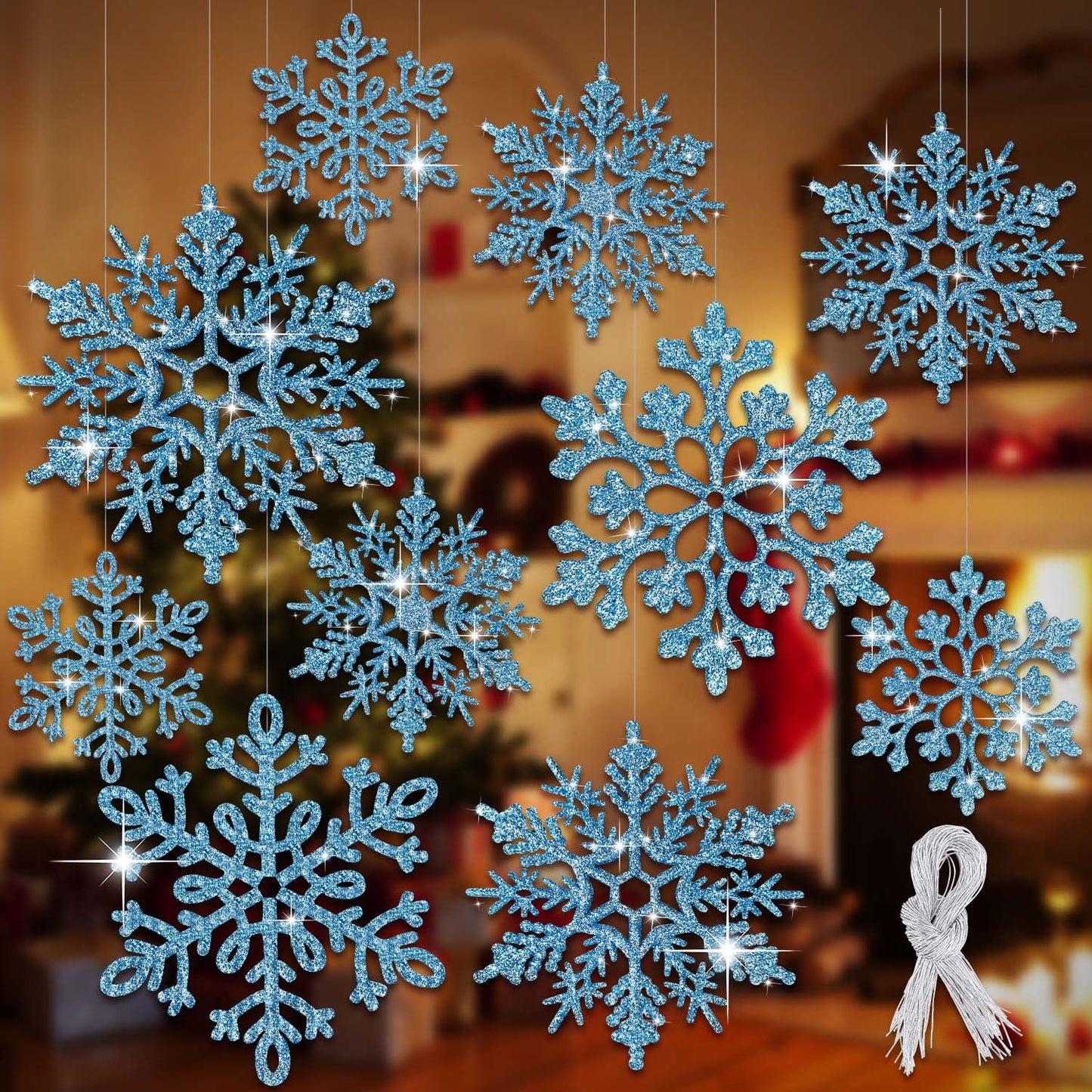 Ayieyill 6pcs Large White Snowflakes Decorations, 12” Big Plastic Glitter Snowflake for Winter Indoor Outdoor Christmas Tree Decorations Giant Craft Snowflakes