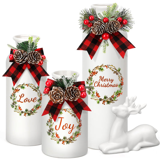 Ayieyill 4 Pcs Ceramic White Christmas Vase, Reindeer Christmas Decorations Indoor