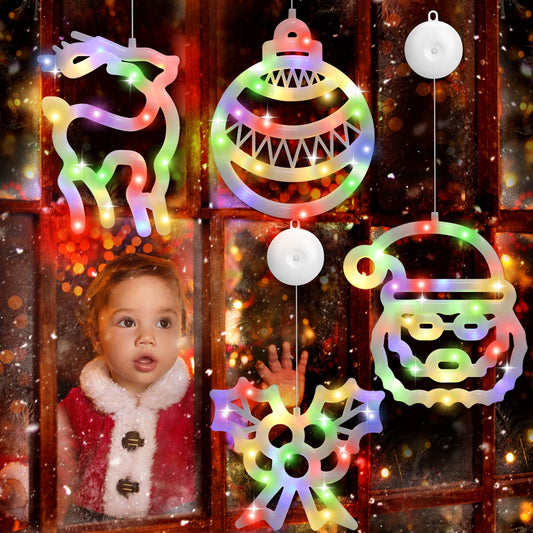 Ayieyill Christmas Window Decorations Lighted Indoor, Christmas Window Clings with Suction Cup | 4 Pcs