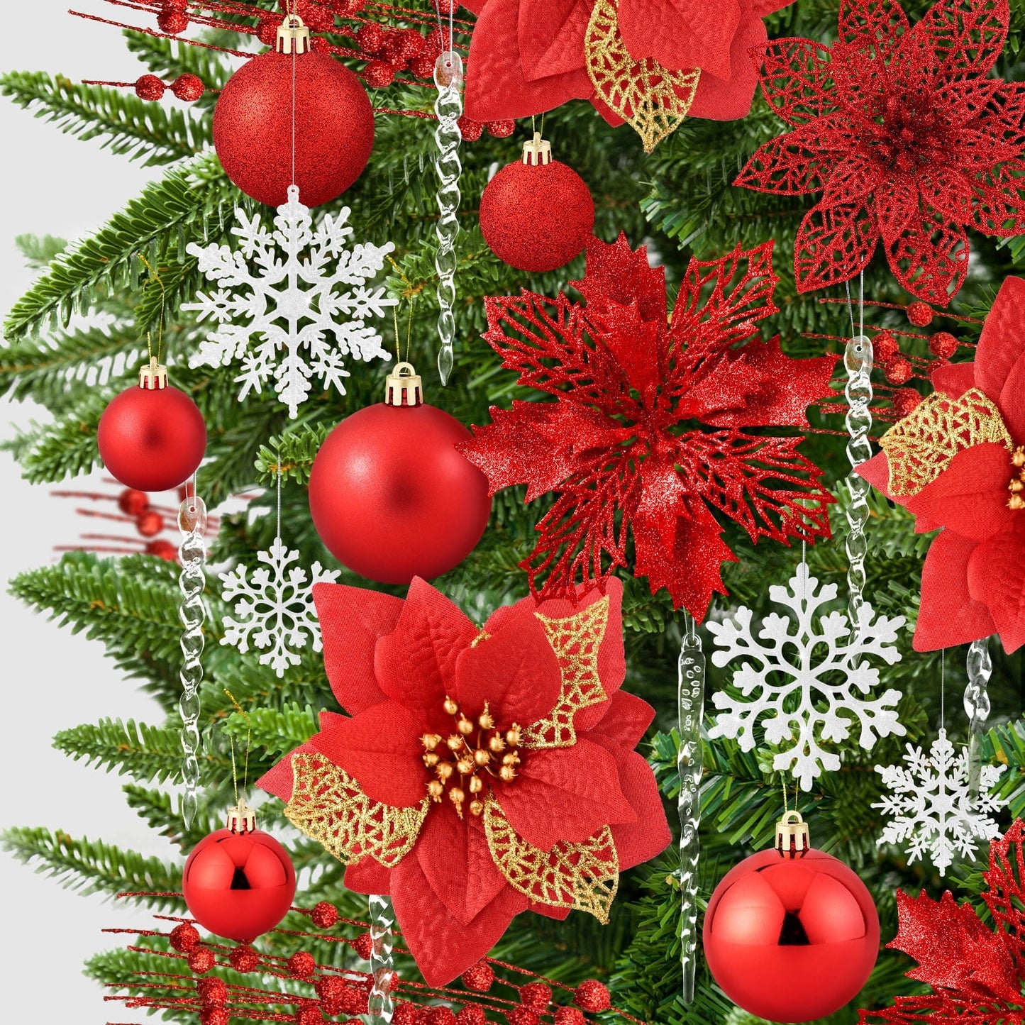 Ayieyill 92Pcs Christmas Tree Decorations Includes Poinsettia Christmas Flowers, Ball Ornaments, Artificial Glitter Berry Stems, Snowflake and Icicle Drop Crystal Ornaments