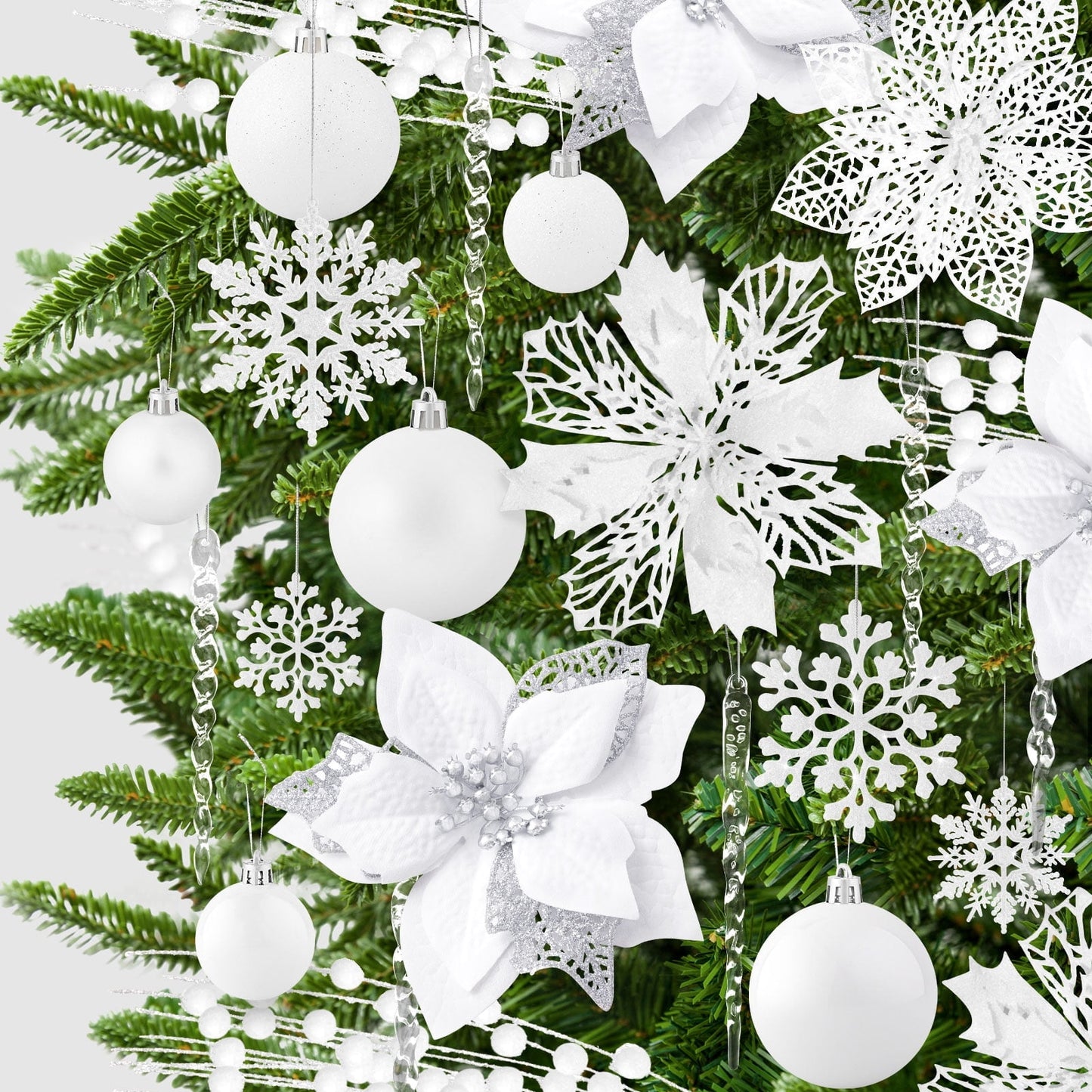 Ayieyill 92Pcs Christmas Tree Decorations Includes Poinsettia Christmas Flowers, Ball Ornaments, Artificial Glitter Berry Stems, Snowflake and Icicle Drop Crystal Ornaments