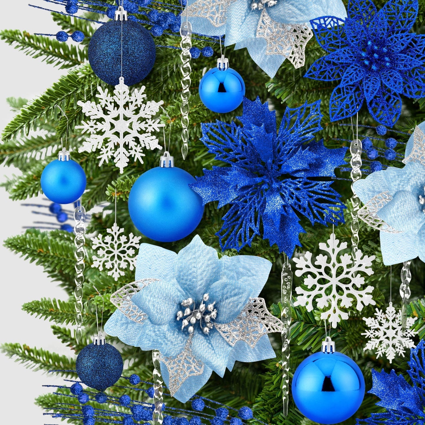Ayieyill 92Pcs Christmas Tree Decorations Includes Poinsettia Christmas Flowers, Ball Ornaments, Artificial Glitter Berry Stems, Snowflake and Icicle Drop Crystal Ornaments
