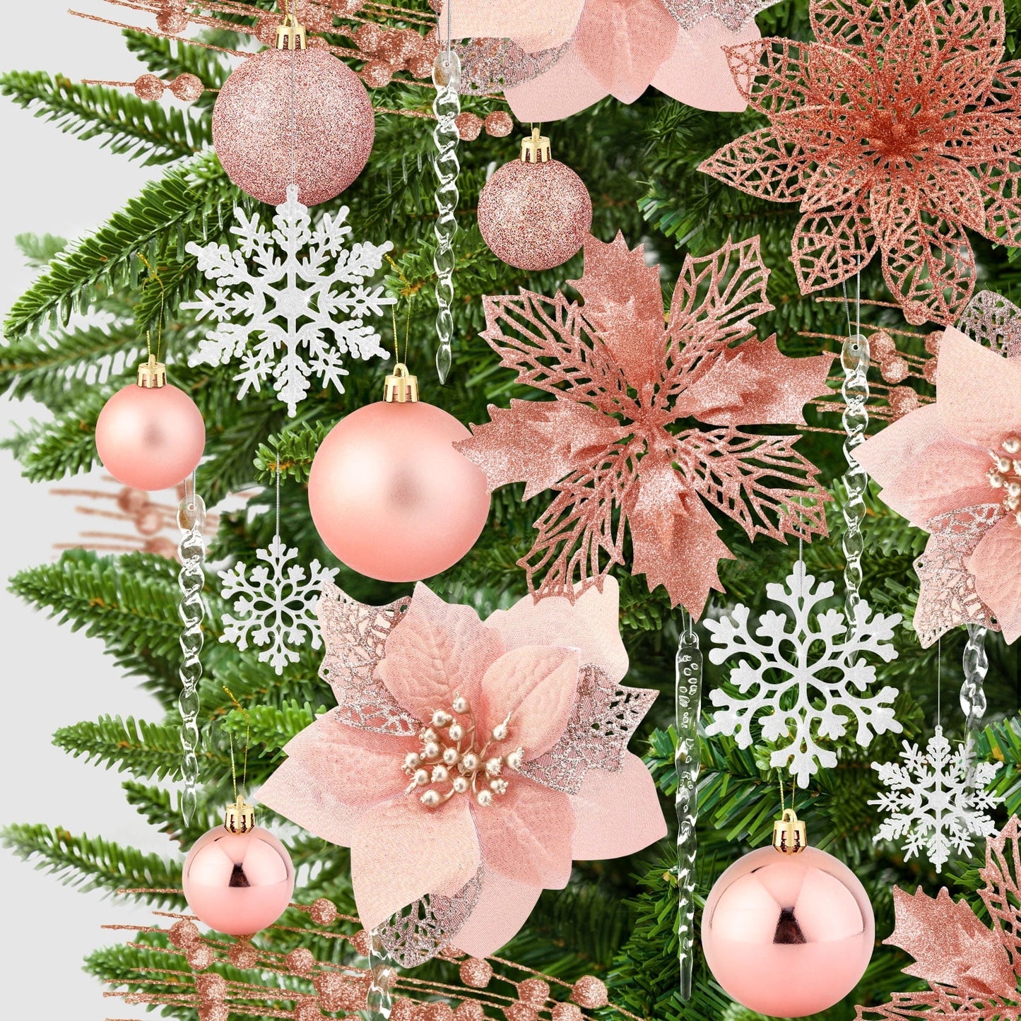 Ayieyill 92Pcs Christmas Tree Decorations Includes Poinsettia Christmas Flowers, Ball Ornaments, Artificial Glitter Berry Stems, Snowflake and Icicle Drop Crystal Ornaments
