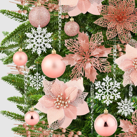 Ayieyill 92Pcs Christmas Tree Decorations Includes Poinsettia Christmas Flowers, Ball Ornaments, Artificial Glitter Berry Stems, Snowflake and Icicle Drop Crystal Ornaments