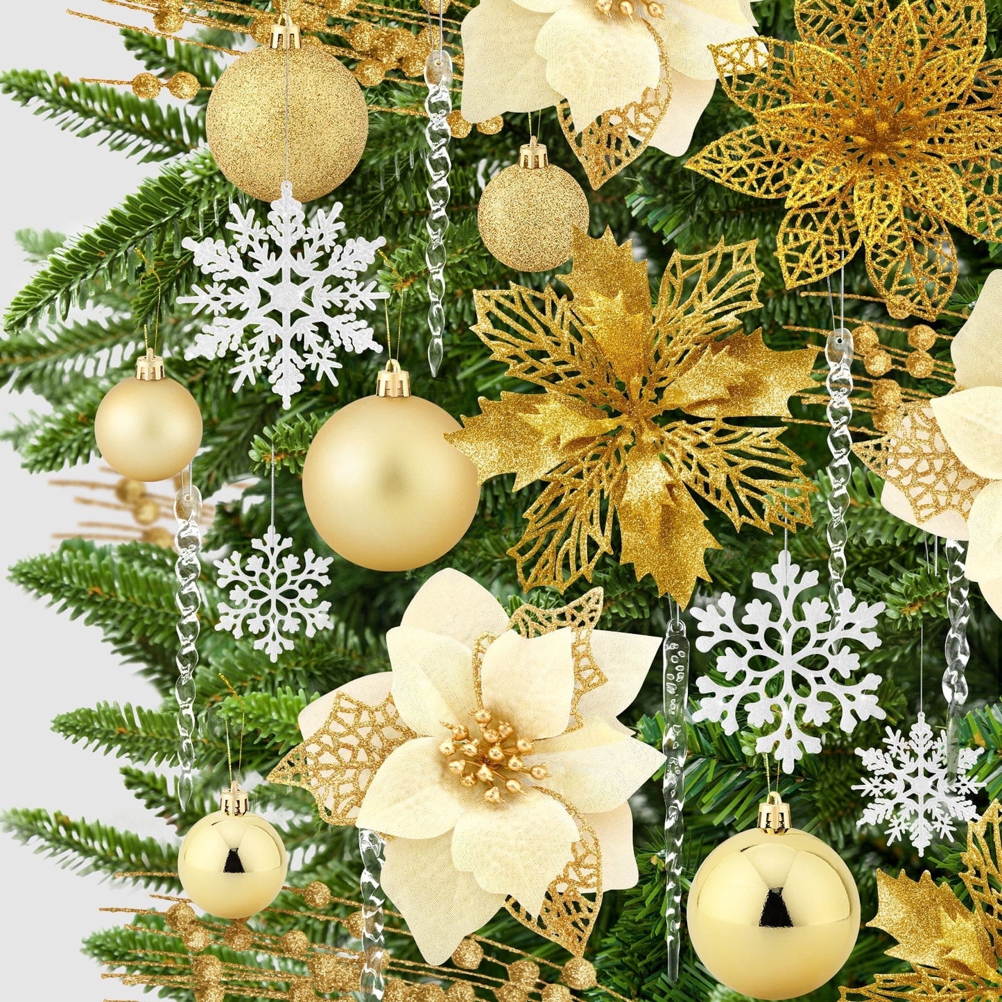 Ayieyill 92Pcs Christmas Tree Decorations Includes Poinsettia Christmas Flowers, Ball Ornaments, Artificial Glitter Berry Stems, Snowflake and Icicle Drop Crystal Ornaments