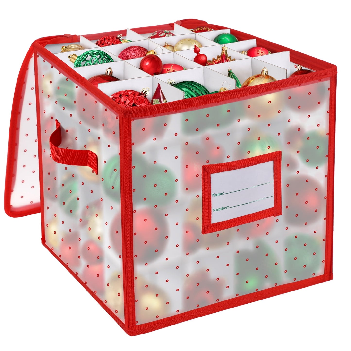 Ayieyill Premium Red Christmas Ornament Storage Chest, Ornament Storage Box Ornament Organizer Holds 64 Balls w/ Dividers , (L) 12''x (W) 12''x (H) 12''