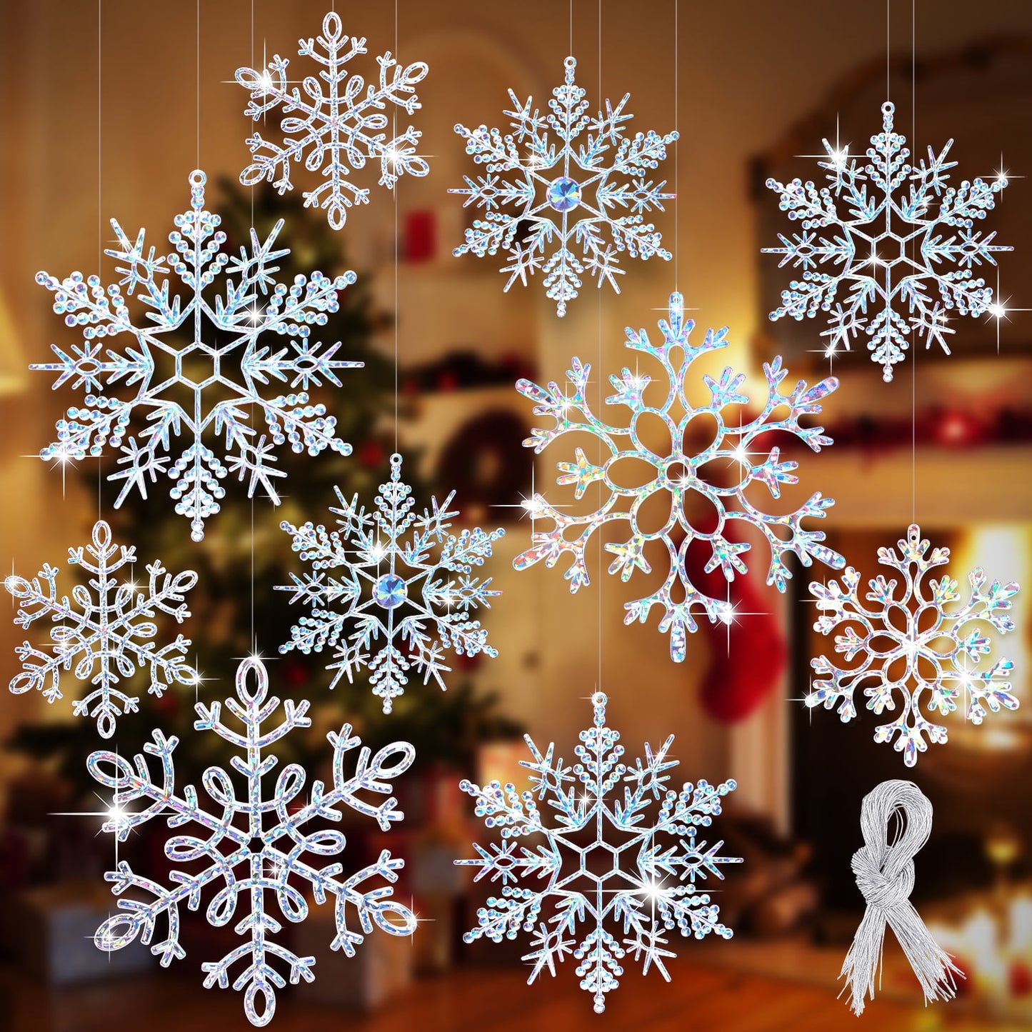 Ayieyill 6pcs Large White Snowflakes Decorations, 12” Big Plastic Glitter Snowflake for Winter Indoor Outdoor Christmas Tree Decorations Giant Craft Snowflakes