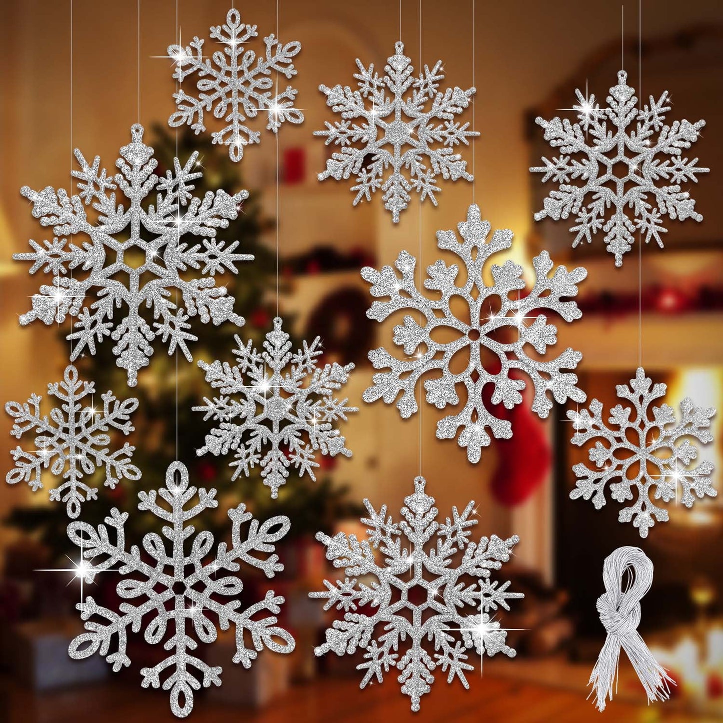 Ayieyill 6pcs Large White Snowflakes Decorations, 12” Big Plastic Glitter Snowflake for Winter Indoor Outdoor Christmas Tree Decorations Giant Craft Snowflakes