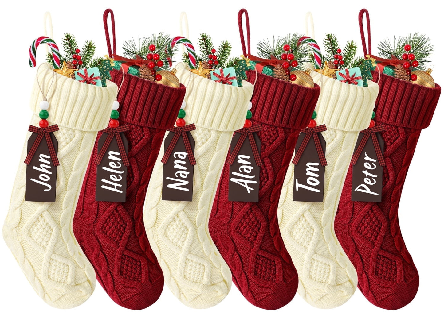 Ayieyill 6Pack Christmas Stockings, 17.7Inches Large Knitted Stocking Personalized Xmas Hanging Stocking Decorations with Name Leather Patches for Holiday Christmas Party Family Decor (Green Red)