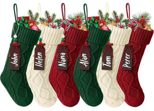 Ayieyill 6 Pcs Christmas Stockings Personalized, 18 inches Large Cable Knitted Christmas Stockings with Names Tags, Christmas Decoration