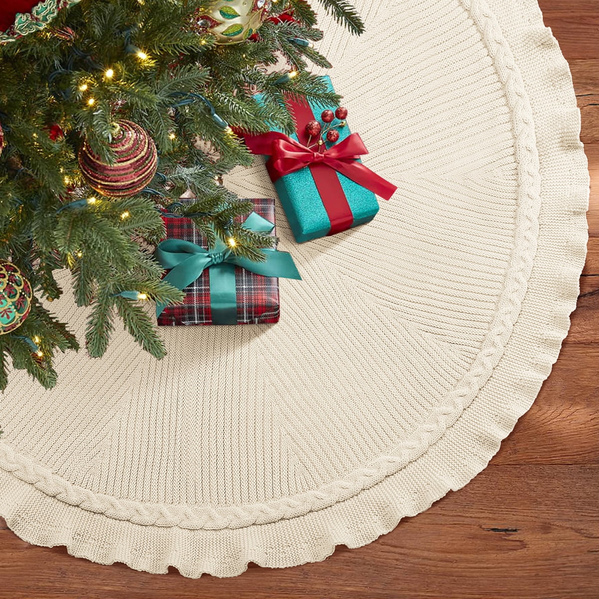 Ayieyill Christmas Tree Skirt, 48 inches White Tree Skirt Luxury Cable Knit Knitted Thick Rustic Xmas Tree Skirt Christmas Decoration, Cream