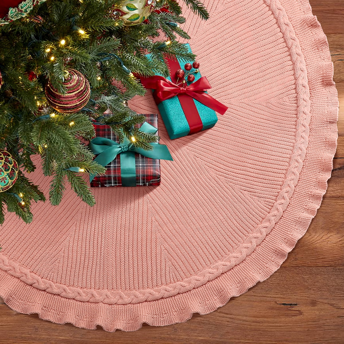 Ayieyill Christmas Tree Skirt, 48 inches White Tree Skirt Luxury Cable Knit Knitted Thick Rustic Xmas Tree Skirt Christmas Decoration, Cream