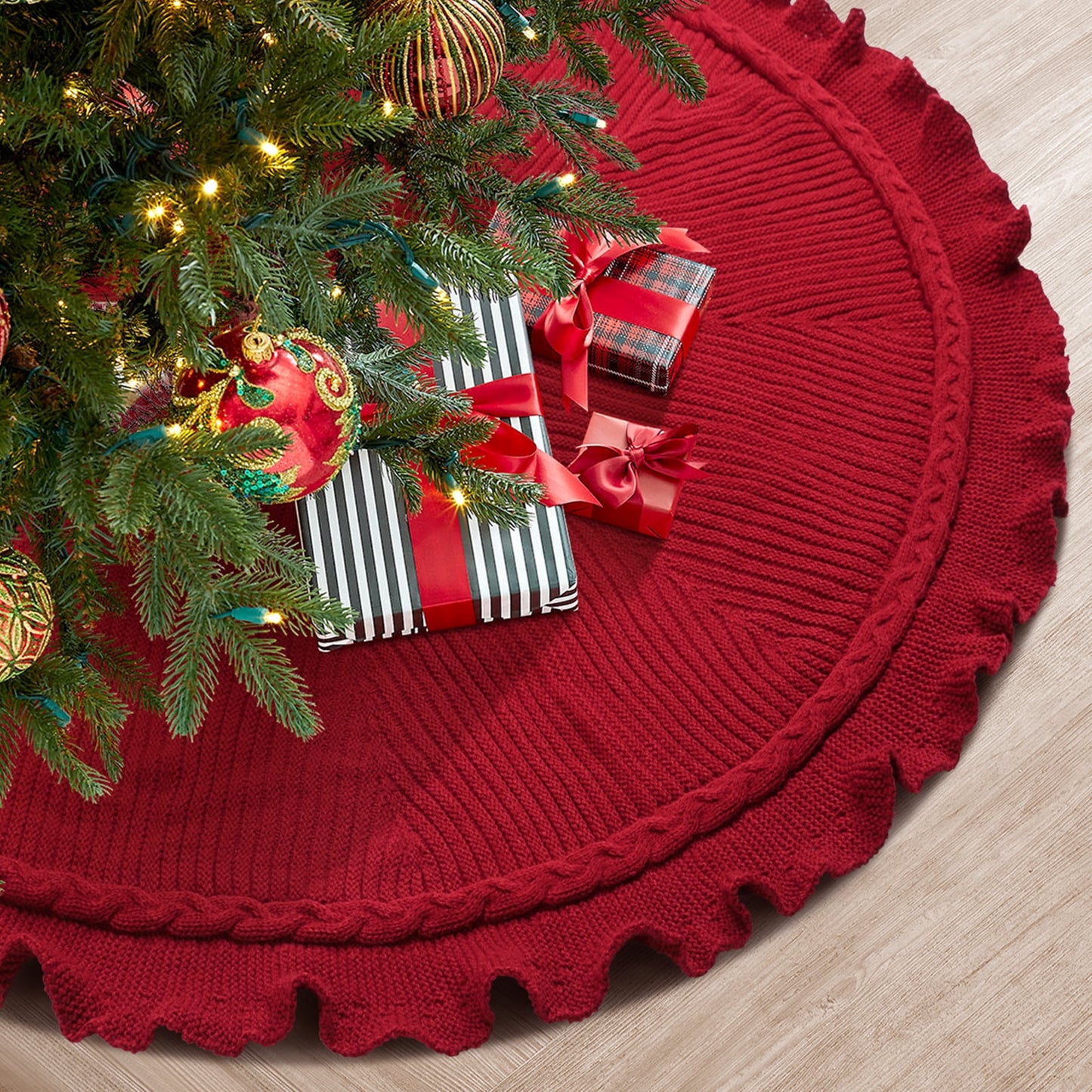 Ayieyill Christmas Tree Skirt, 48 inches White Tree Skirt Luxury Cable Knit Knitted Thick Rustic Xmas Tree Skirt Christmas Decoration, Cream