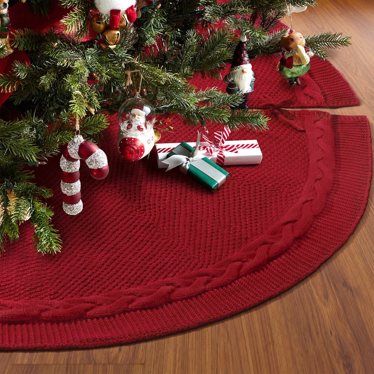 Ayieyill Christmas Tree Skirt, 48 inches White Tree Skirt Luxury Cable Knit Knitted Thick Rustic Xmas Tree Skirt Christmas Decoration, Cream