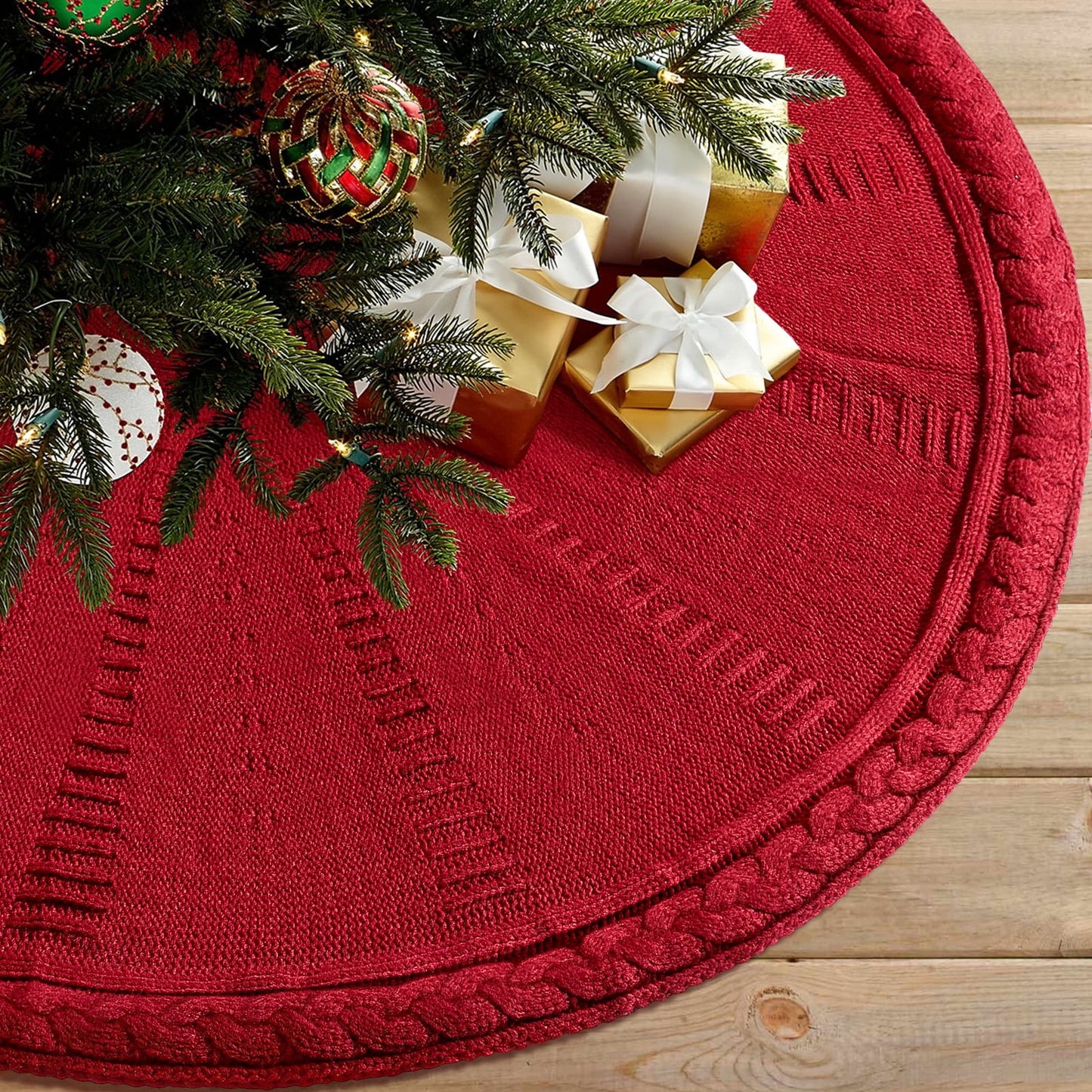Ayieyill Christmas Tree Skirt, 48 inches White Tree Skirt Luxury Cable Knit Knitted Thick Rustic Xmas Tree Skirt Christmas Decoration, Cream