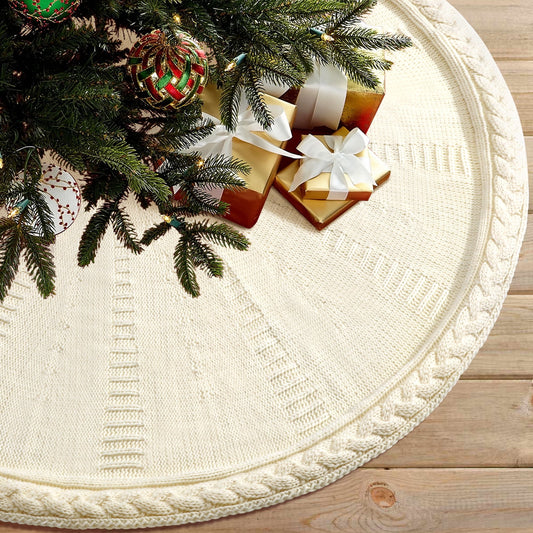Ayieyill Christmas Tree Skirt, 48 inches White Tree Skirt Luxury Cable Knit Knitted Thick Rustic Xmas Tree Skirt Christmas Decoration, Cream