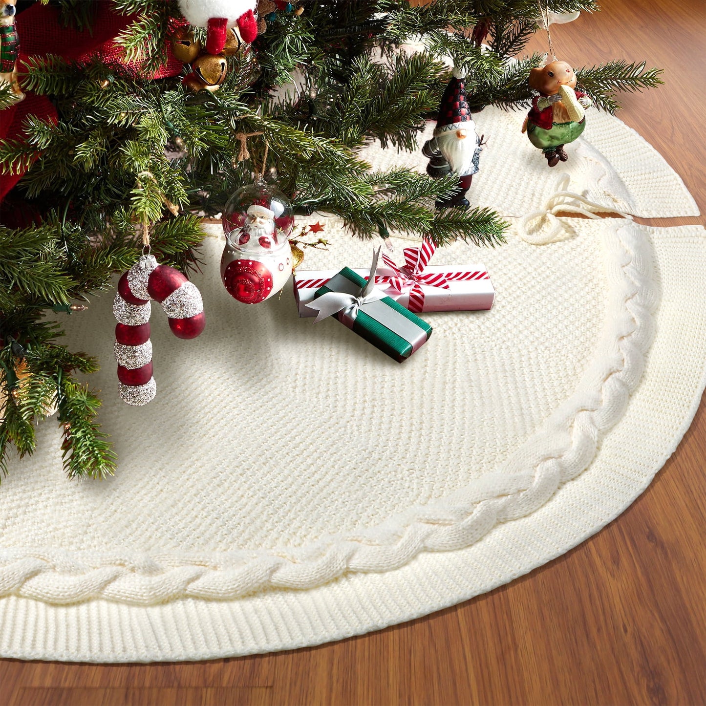 Ayieyill Christmas Tree Skirt, 48 inches White Tree Skirt Luxury Cable Knit Knitted Thick Rustic Xmas Tree Skirt Christmas Decoration, Cream
