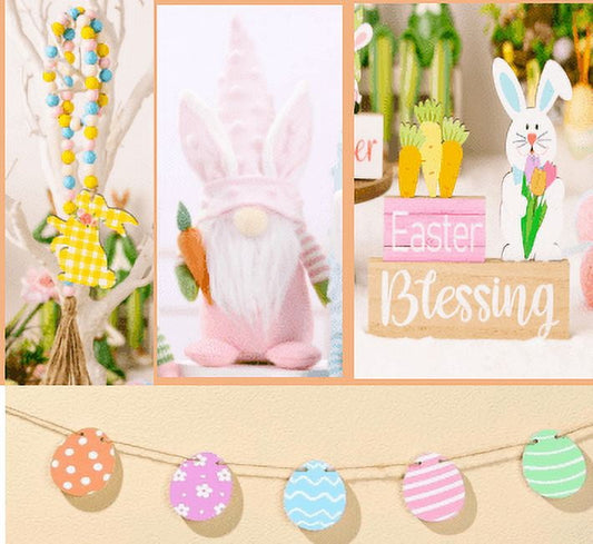 Ayieyill Easter Decorations, Pcs Easter Gnome Tiered Tray Decor, Glitter Easter Wood Signs,  Easter Bunny Gnome Plush