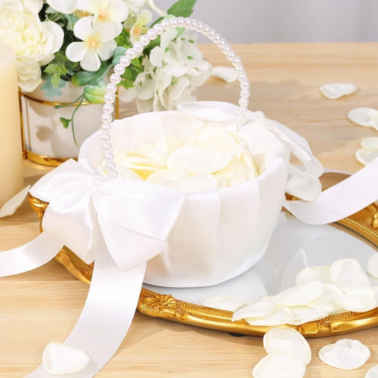 Ayieyill Wedding Baskets for Flower Girls with Pearl Handle Flower Girl Basket for Wedding Party (with 200 Petals)