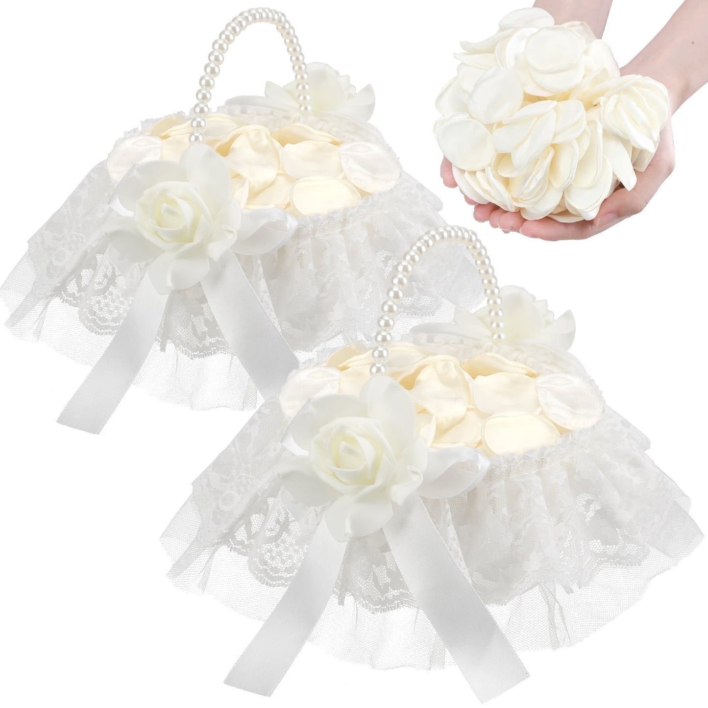 Ayieyill Wedding Baskets for Flower Girls with Pearl Handle Flower Girl Basket for Wedding Party (with 200 Petals)