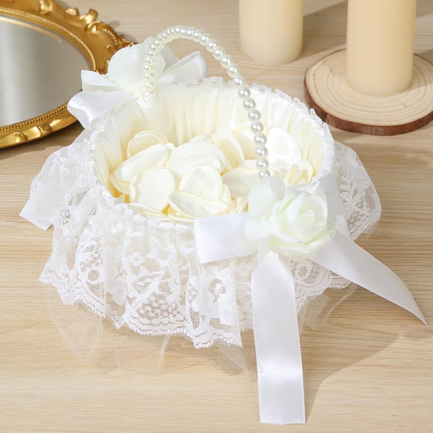 Ayieyill Wedding Baskets for Flower Girls with Pearl Handle Flower Girl Basket for Wedding Party (with 200 Petals)