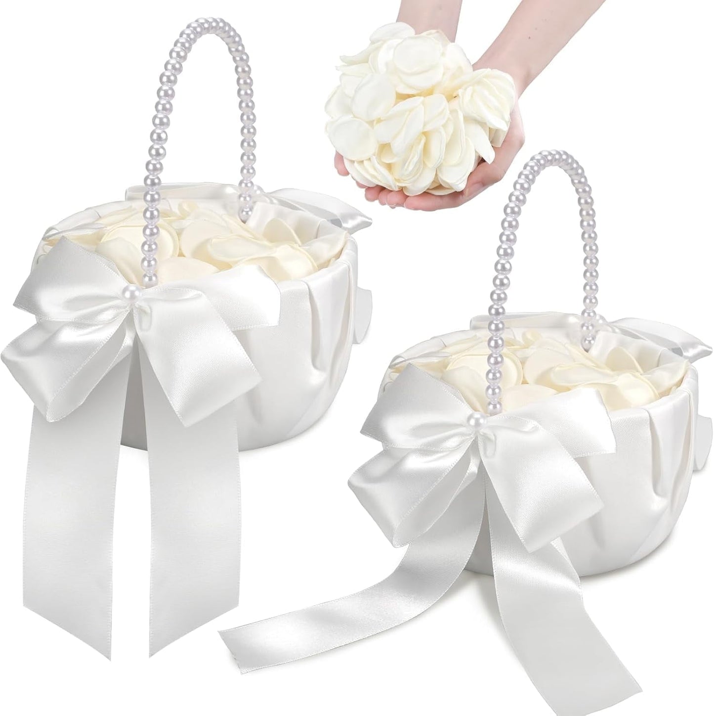 Ayieyill Wedding Baskets for Flower Girls with Pearl Handle Flower Girl Basket for Wedding Party (with 200 Petals)