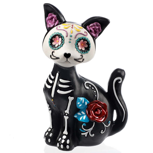 Ayieyill Day of the Dead Cat Figurine, Sugar Skull Halloween Decorations Indoor, Dia de los Muertos Decor