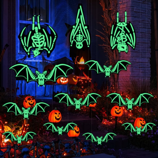 Ayieyill Halloween Hanging Bats Decorations Outdoor, 12pcs 3D Glowing Hanging Flying Bat for Hanging in The Tree, Porch, Yard, Lawn