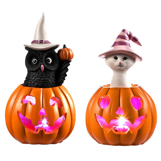 Ayieyill Halloween Figurines Set of 2, Cat and Owl on Pumpkin Decor with LED Lights for Halloween Decorations Indoor