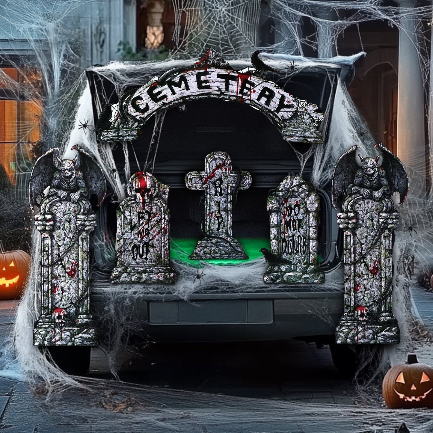 Ayieyill Halloween Tombstone Trunk or Treat Archway Garage Decoration with Gargoyles, Arch Monument, Spider Web and Non-Woven Fabric for Car Garage Door Entryway Archway and Halloween Decor Outdoor