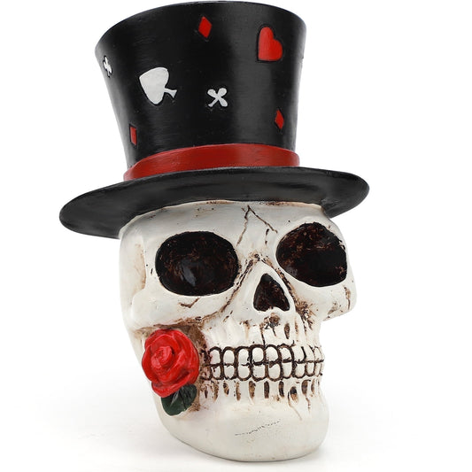 Ayieyill Halloween Skull Decorations Indoor, Gothic Decor Skull  with Top Hat Rose and Playing Cards, Resin Skull Head Decor