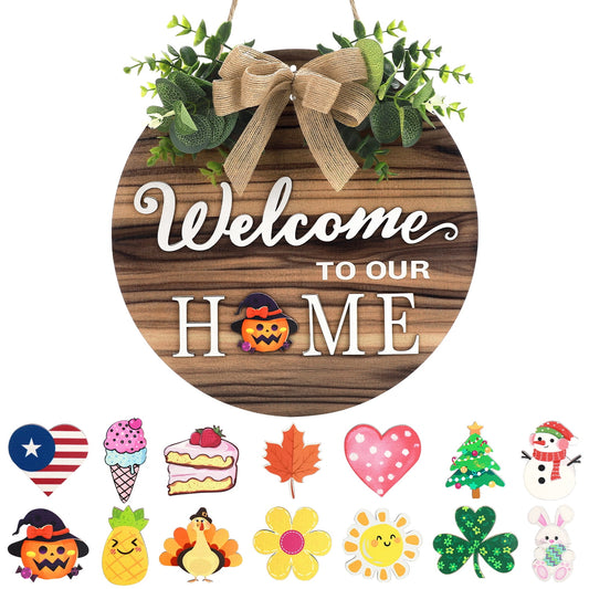 Ayieyill Interchangeable Welcome Sign for Front Door, Rustic Round Wood Holiday Door Sign with 14 Changeable Icons, Seasonal Welcome Home Sign