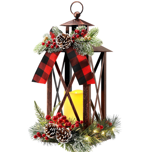 Ayieyill 15" Tall Christmas Lanterns Indoor Outdoor with LED and Ribbon, Hanging Christmas Decortions Candle Lanterns | Bronze
