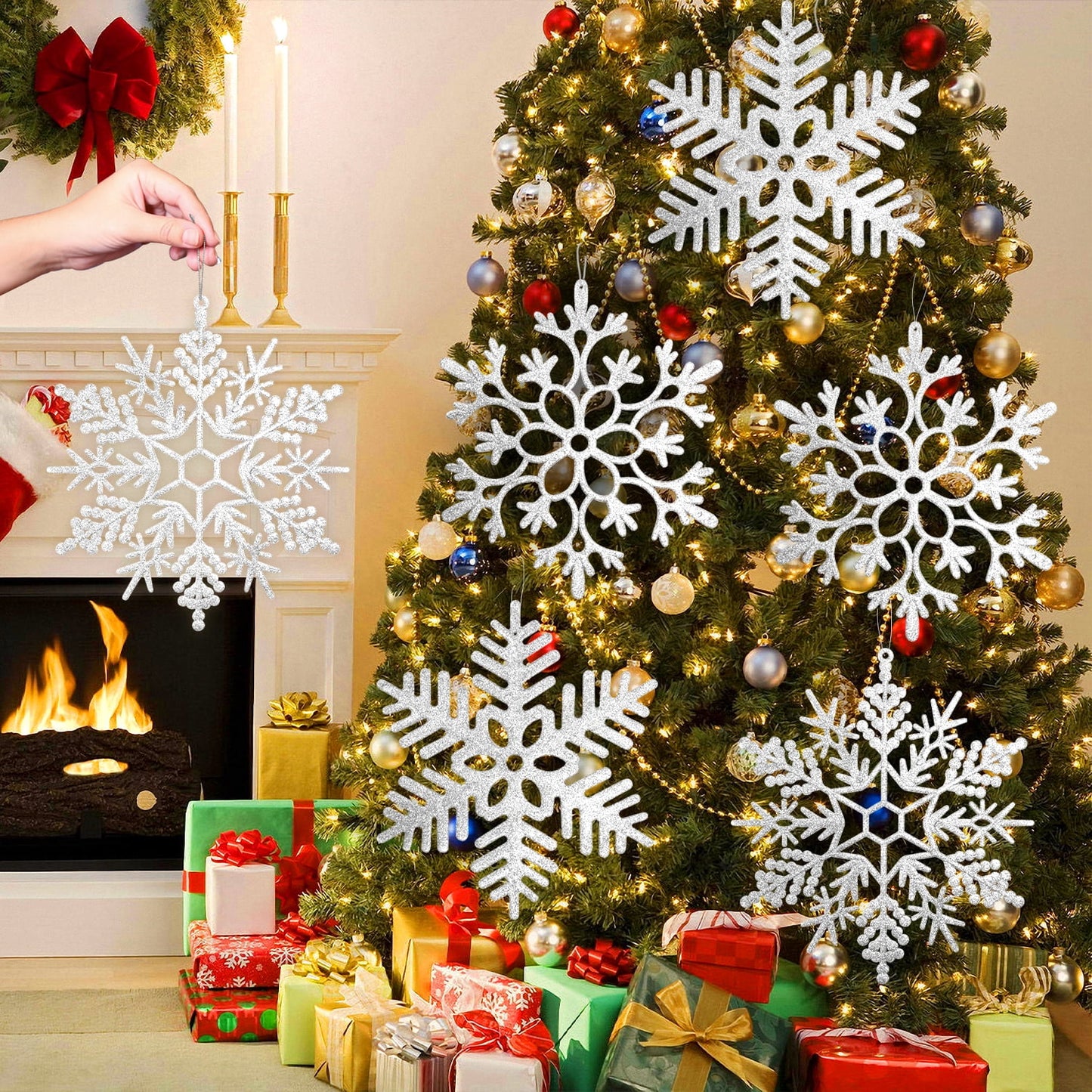 Ayieyill 6pcs Large White Snowflakes Decorations, 12” Big Plastic Glitter Snowflake for Winter Indoor Outdoor Christmas Tree Decorations Giant Craft Snowflakes