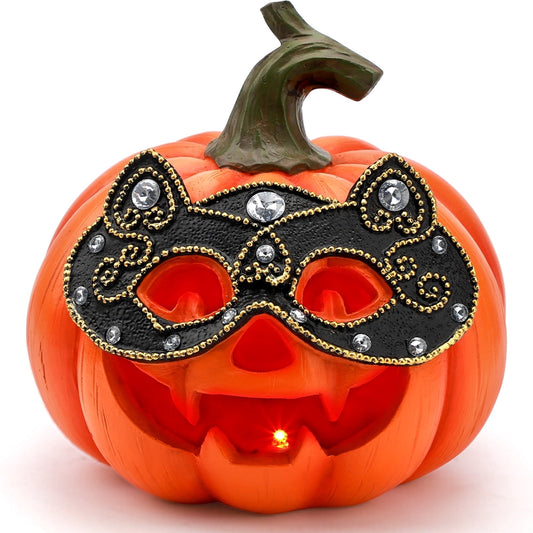 Ayieyill Halloween Pumpkin Decorations Light Up Pumpkin Figurine with Mask Halloween Decor for Home, Red