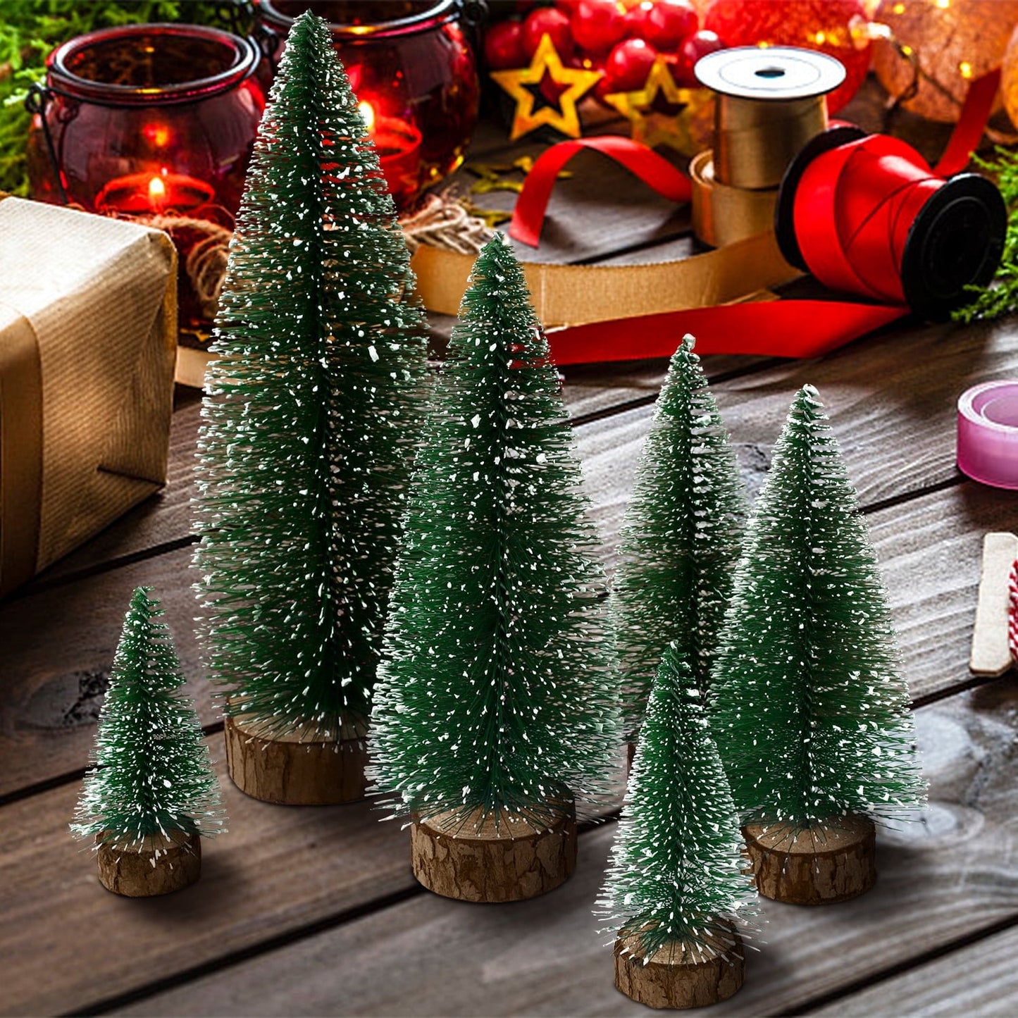 Ayieyill Mini Christmas Trees Decorations - 6pcs Small Bottle Brush Trees, Artificial Tabletop Christmas Tree for Indoor Outdoor Home Room Party