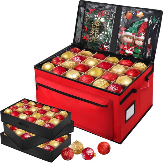 Ayieyill Premium Christmas Ornament Storage Container - Holds Up to 72-4” Ornaments Durable 600D Fabric - Adjustable Dividers - 3 Individual Trays