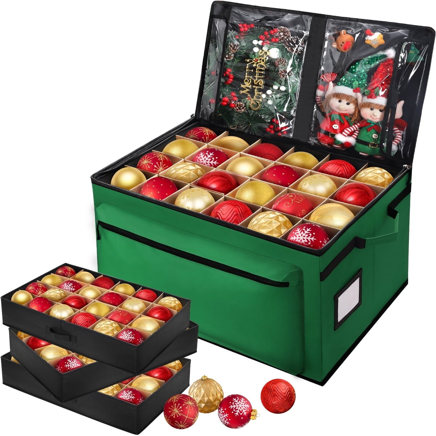 Ayieyill Premium Christmas Ornament Storage Container - Holds Up to 72-4” Ornaments Durable 600D Fabric - Adjustable Dividers - 3 Individual Trays