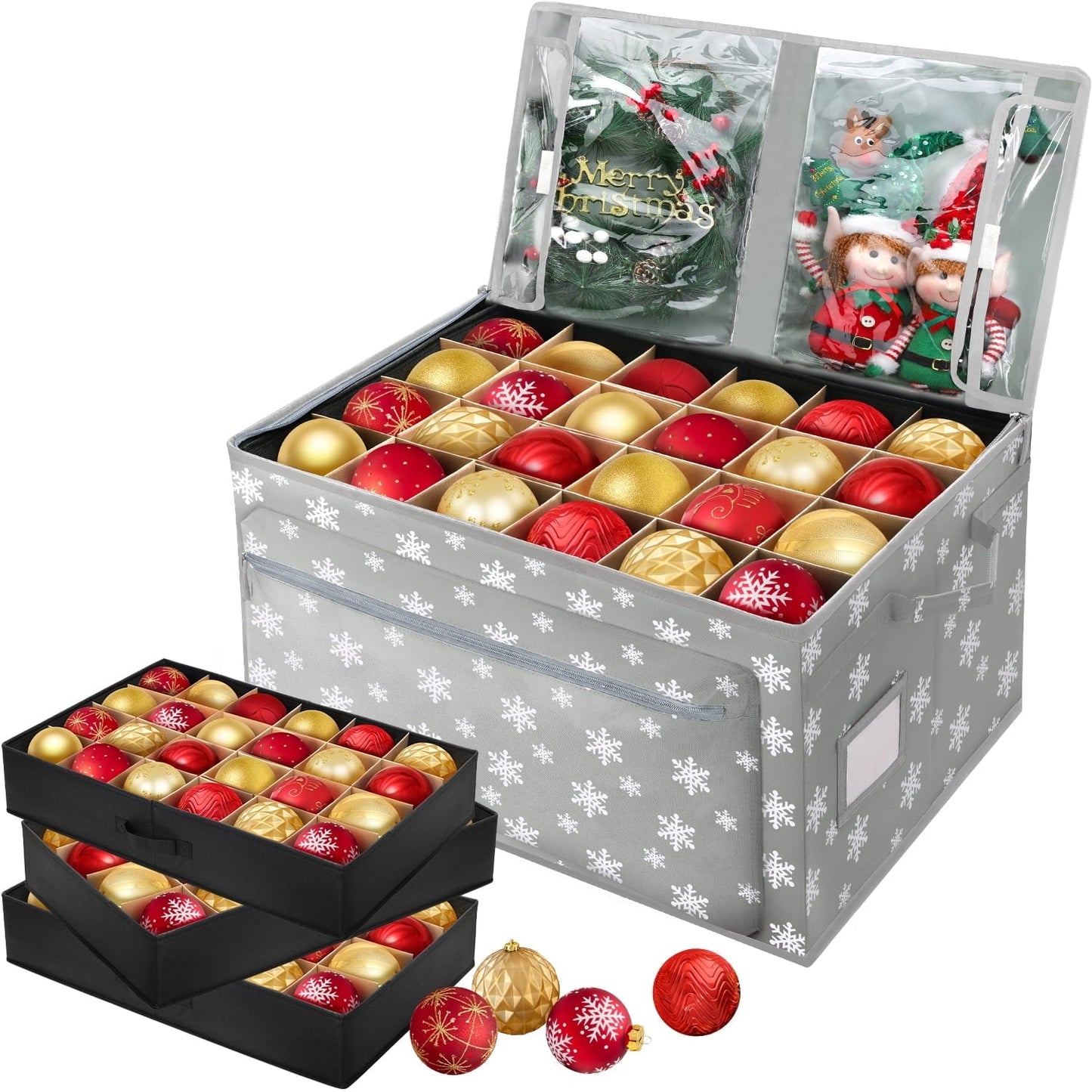 Ayieyill Premium Christmas Ornament Storage Container - Holds Up to 72-4” Ornaments Durable 600D Fabric - Adjustable Dividers - 3 Individual Trays