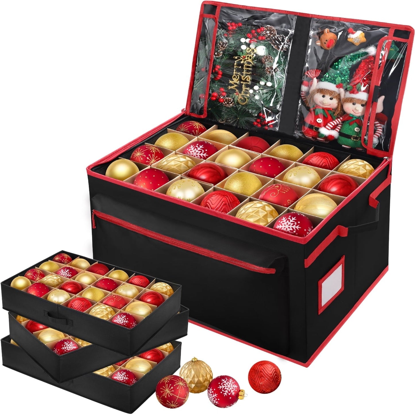 Ayieyill Premium Christmas Ornament Storage Container - Holds Up to 72-4” Ornaments Durable 600D Fabric - Adjustable Dividers - 3 Individual Trays