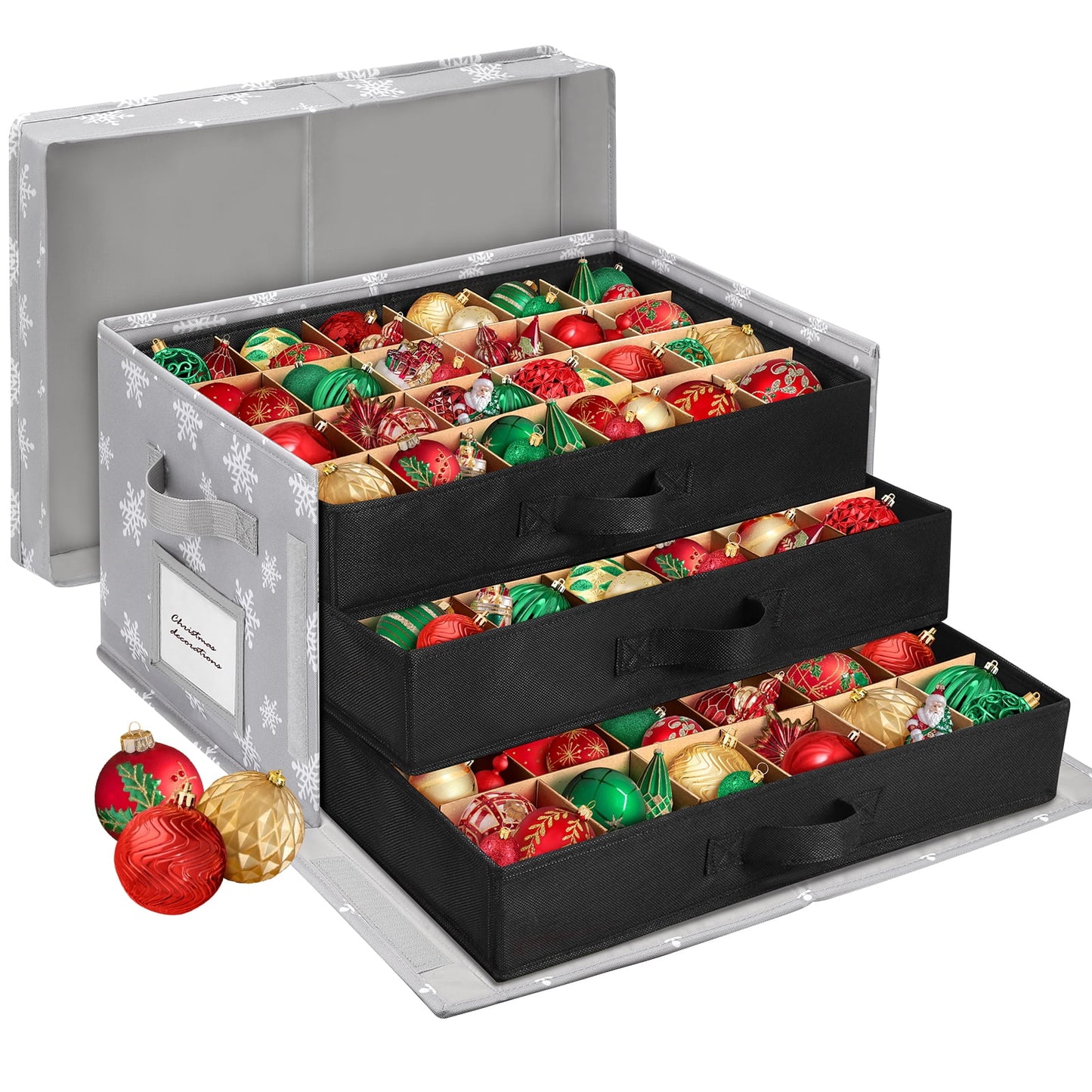 Ayieyill Premium Large Christmas Ornament Storage Box, Christmas Ornament Organizer, with Side Open, 3 Removable Trays - Keeps 72 Holiday Ornaments