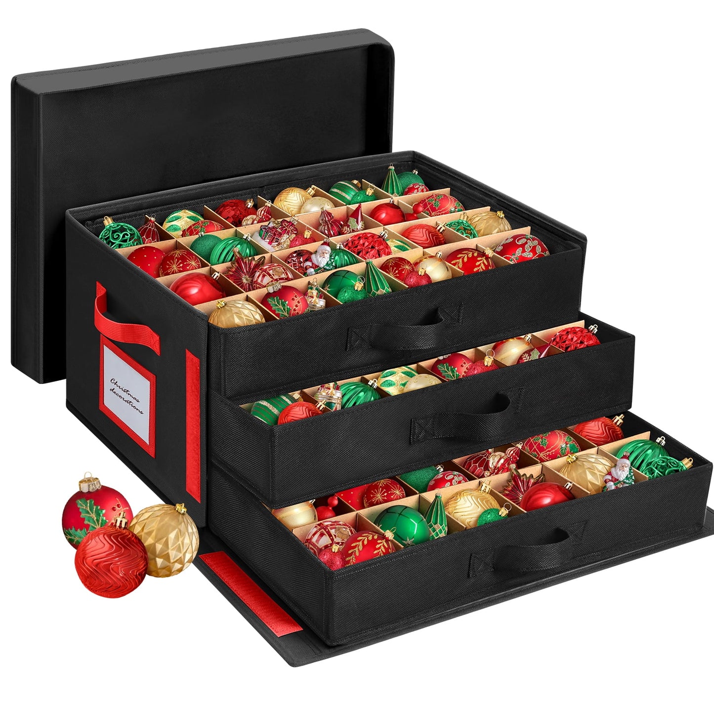 Ayieyill Premium Large Christmas Ornament Storage Box, Christmas Ornament Organizer, with Side Open, 3 Removable Trays - Keeps 72 Holiday Ornaments