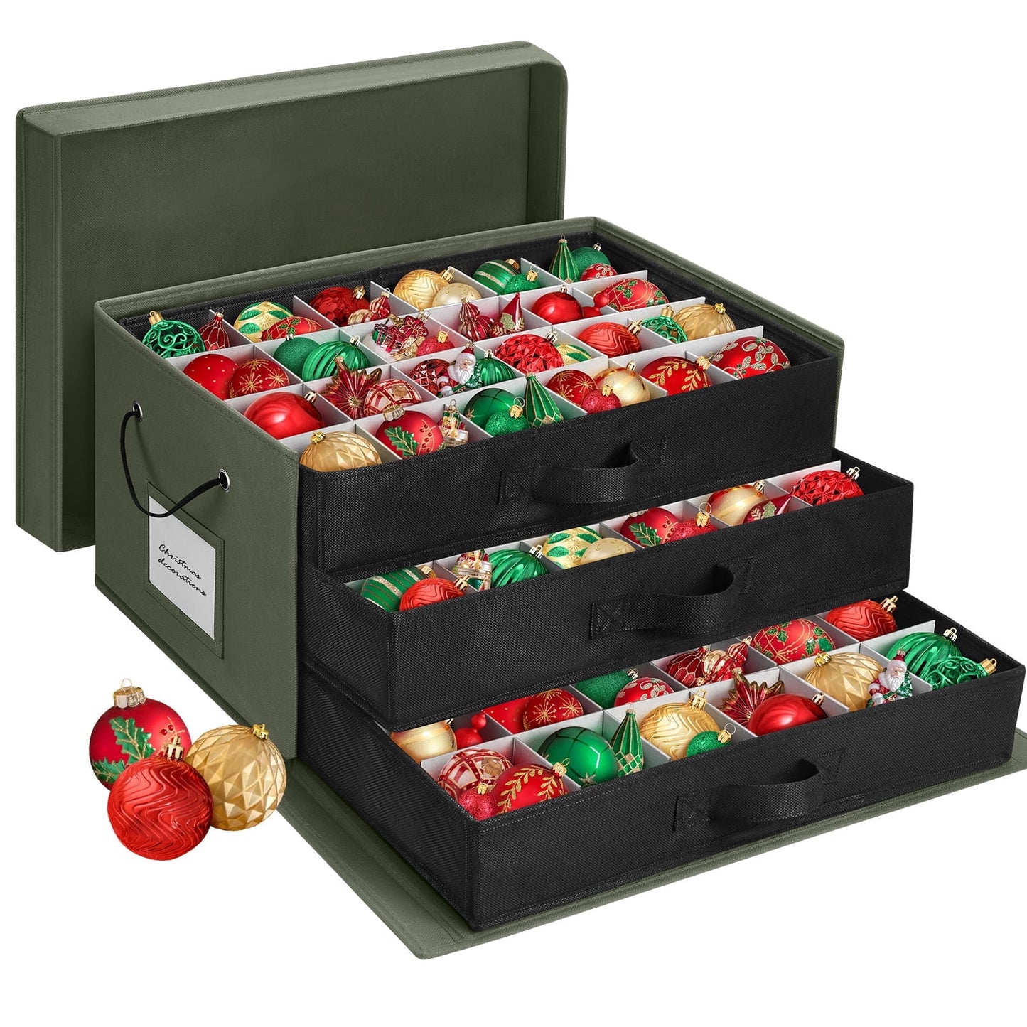 Ayieyill Premium Large Christmas Ornament Storage Box, Christmas Ornament Organizer, with Side Open, 3 Removable Trays - Keeps 72 Holiday Ornaments