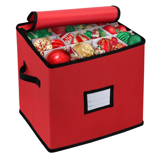 Ayieyill Premium Red Christmas Ornament Storage Chest, Ornament Storage Box Ornament Organizer Holds 64 Balls w/ Dividers , (L) 12''x (W) 12''x (H) 12''