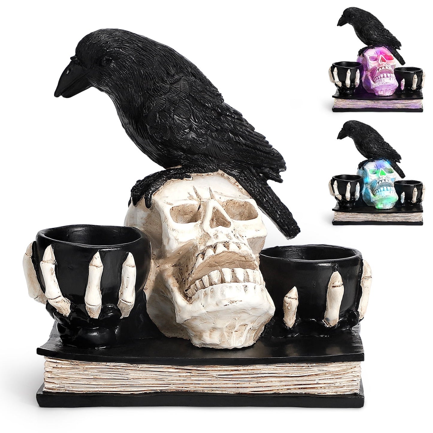 Ayieyill Halloween Skull Decorations with LED Lights, Halloween Candlesticks, Raven Decor, Halloween Decor