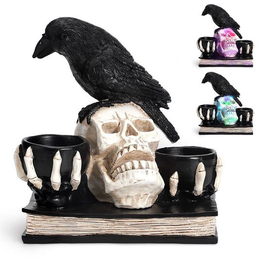 Ayieyill Halloween Skull Decorations with LED Lights, Halloween Candlesticks, Raven Decor, Halloween Decor