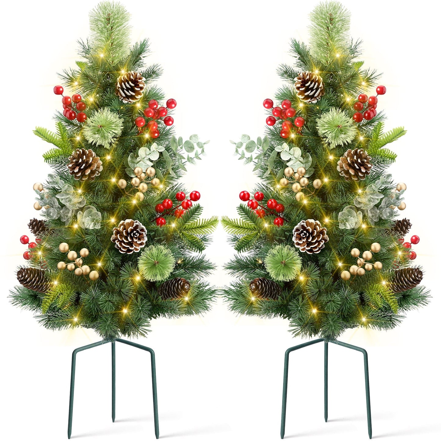 Ayieyill  Set of 2 29in Outdoor Pathway Christmas Trees,  Holiday Decor for Driveway, Yard, Garden w/LED Lights, Berries, Pine Cones, Ornaments